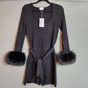 LOVERS + FRIENDS Anais Romper Black Medium Rib Knit‎ Optional Fur Cuffs